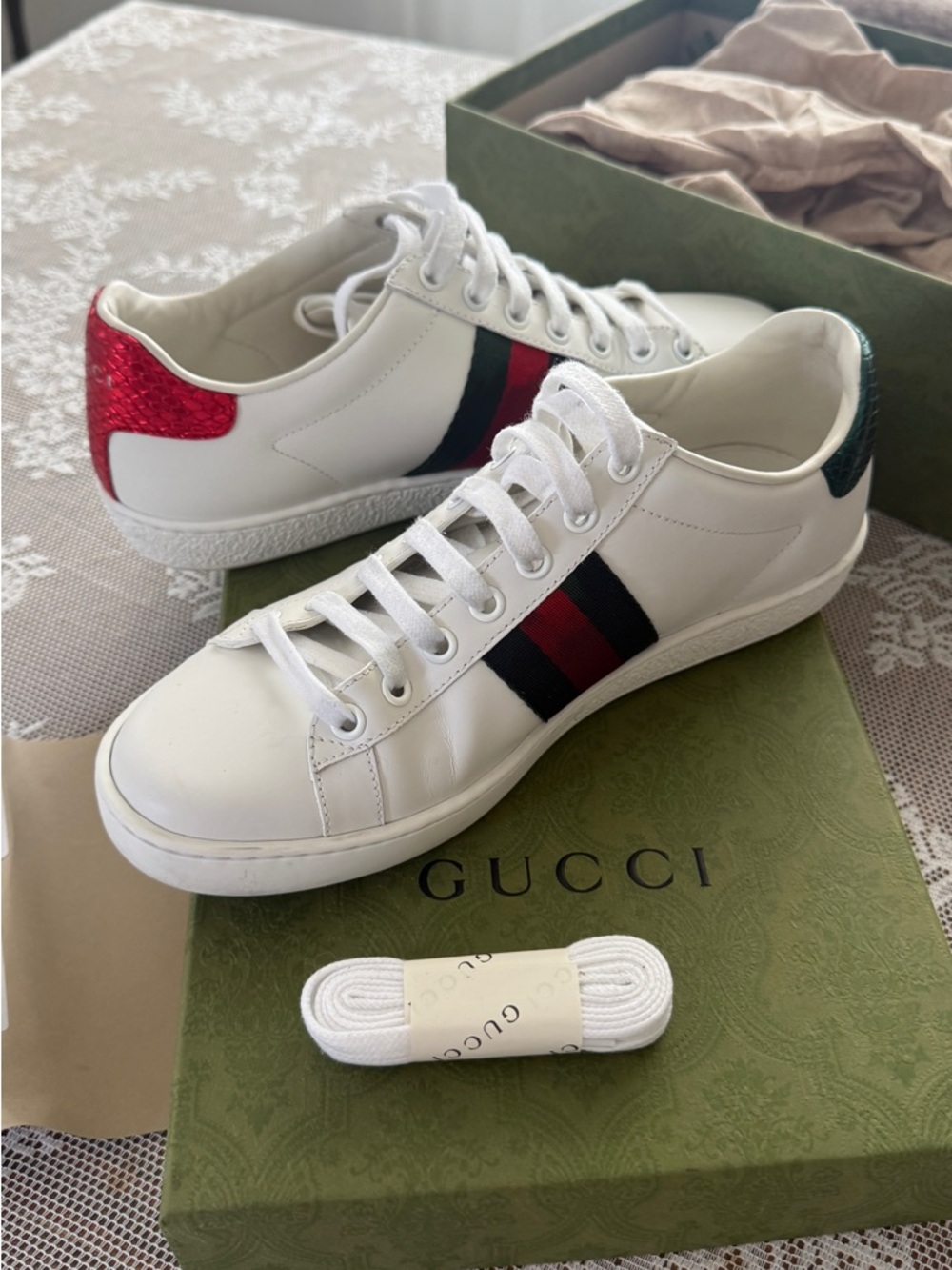 Gucci White Leather Sneakers with Red & Green Heel Tabs and Web Stripe